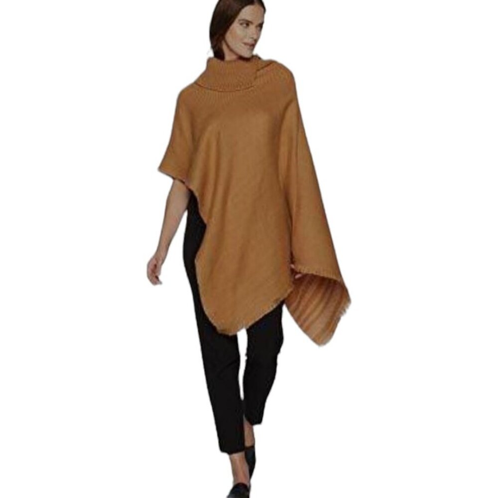Anne Klein Camel Woven‎ Poncho With Turtleneck Fringe Detail women new one size